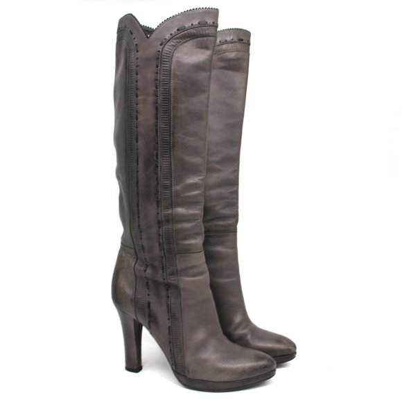 Bottega Veneta Shoes - Bottega Veneta Grey Leather Bootie Platform Knee High Heeled Western Boots 37.5
